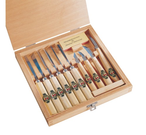 Wood carving set in cherry wood box